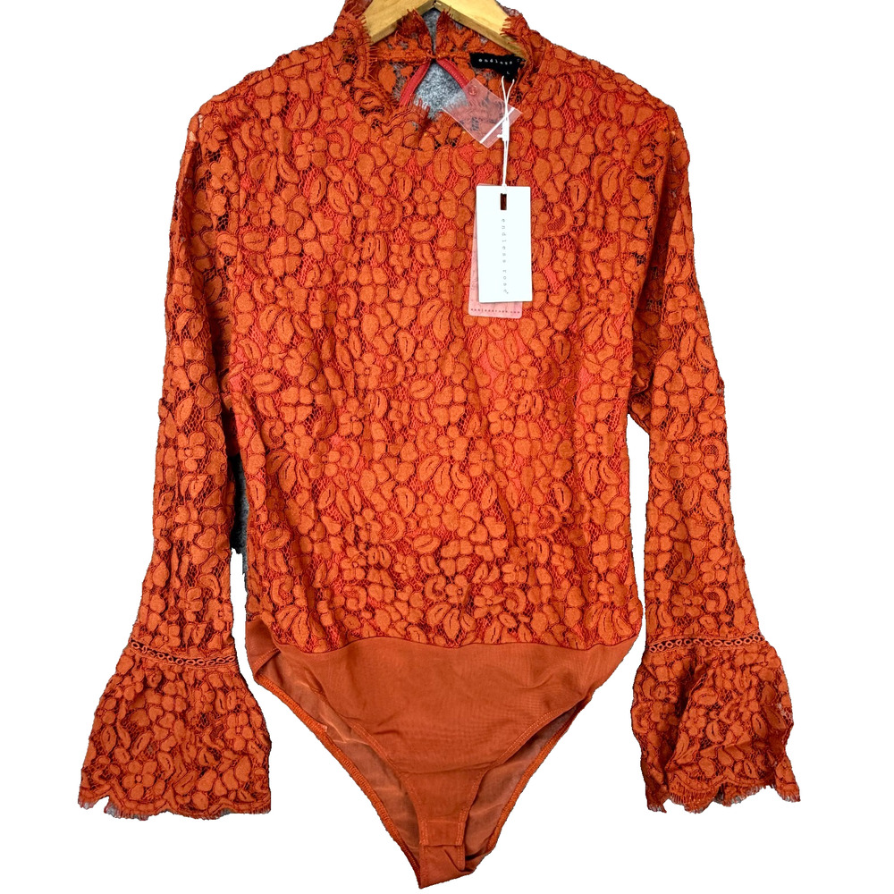 Endless Rose Bodysuit Women L Brown Orange Lace Overlay Feminine Cut Back Detail